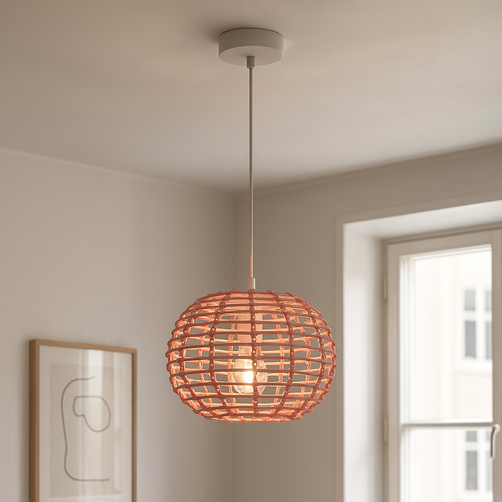Rattanowa lampa wisząca różowa, Roza