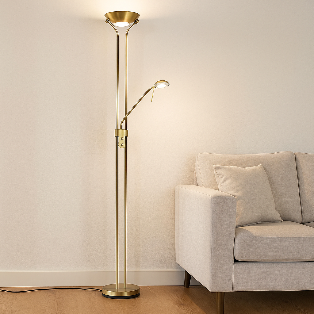 Nowoczesna lampa do czytania stojąca mosiądz, Salvador, 18W, 3000K LED, z przełącznik