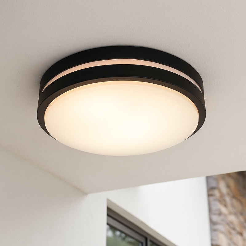 Plastikowa zewnętrzna lampa sufitowa z czujnikiem ruchu czarna, James, IP44