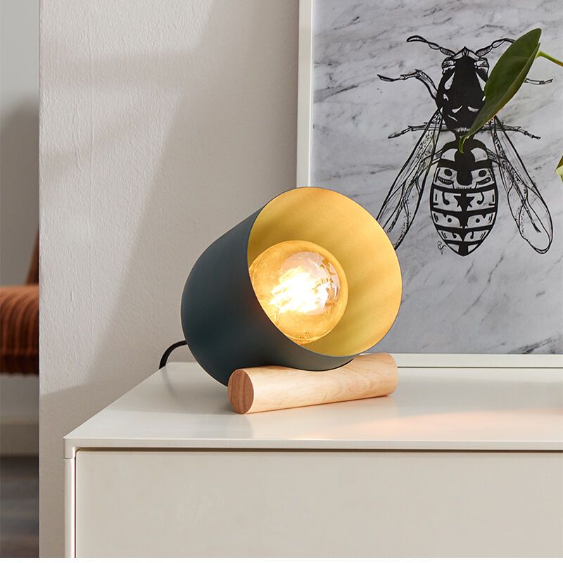 Drewniana lampa stołowa niebieska, Riaz, z przełącznik Drewniana lampa stołowa niebieska, Riaz, z przełącznik