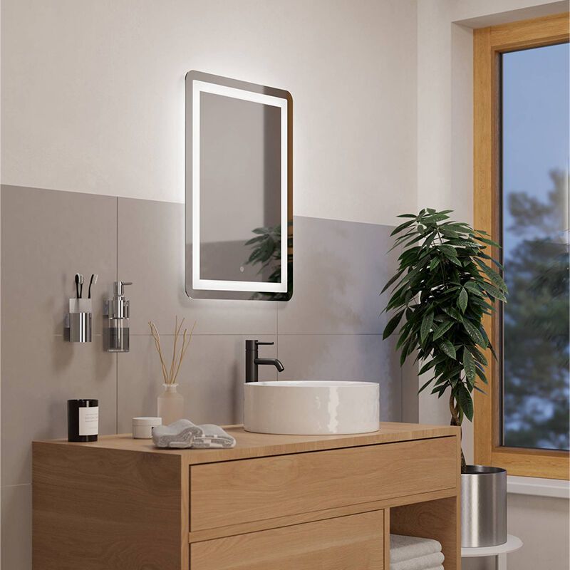 Szklany nowoczesny lustro z oświetleniem szary, Bibi, 15,7W, regulowana ciepła do zimnej bieli LED, IP44, z przełącznik