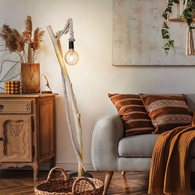 Linowa rustykalna lampa stojąca drewniana, Naime, z przełącznik Linowa rustykalna lampa stojąca drewniana, Naime, z przełącznik