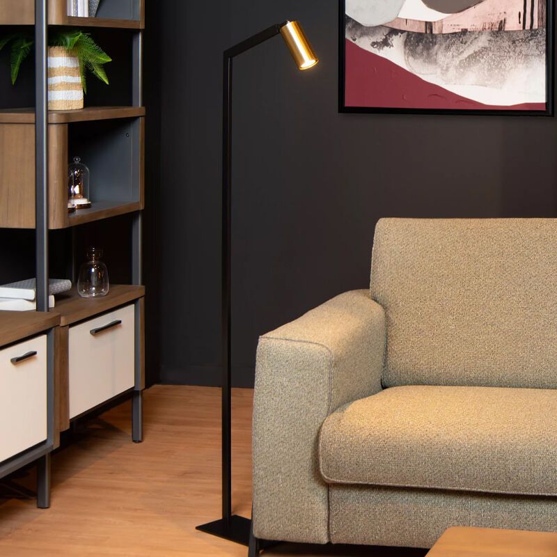 Czarna lampa stojąca nowoczesna, Sybil, z przełącznik