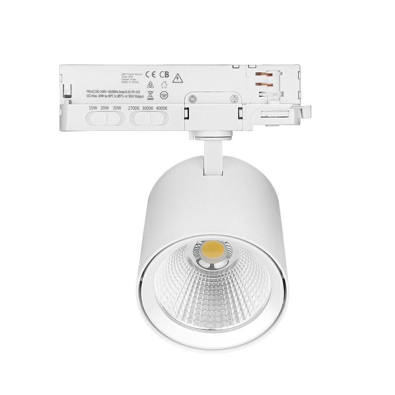 Biały reflektor szynowy 3-fazowy aluminiowy, Jeska, 10W/20W/30W, biały przełącznik LED Biały reflektor szynowy 3-fazowy aluminiowy, Jeska, 10W/20W/30W, biały przełącznik LED