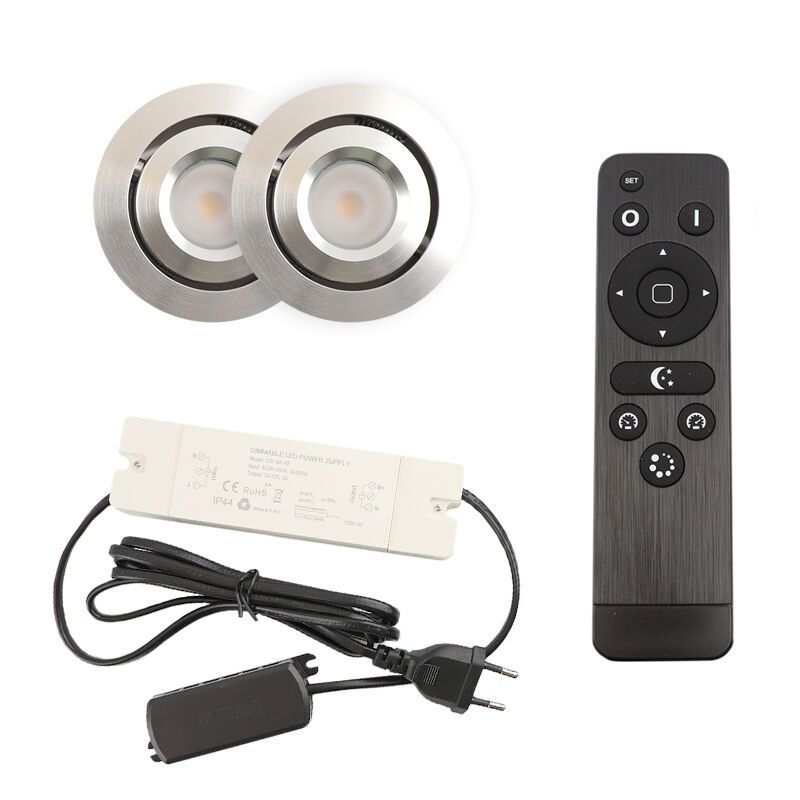 2 uchylne oprawy sufitowe wpuszczane na werandy Rona, IP44, z zestawem przyłączeniowym i pilotem, chrom