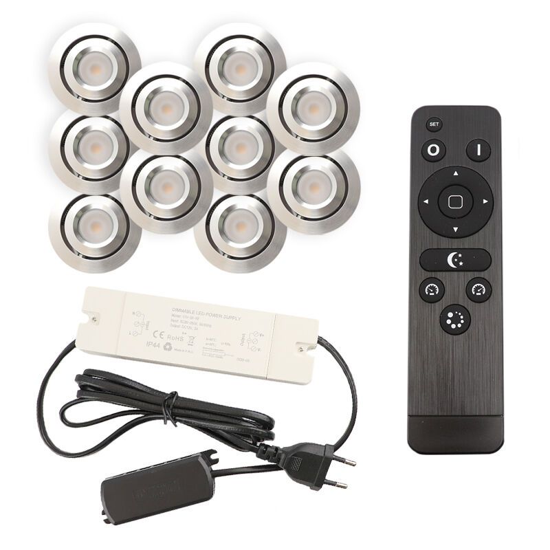 10 uchylne oprawy sufitowe wpuszczane na werandy Rona, IP44, z zestawem przyłączeniowym i pilotem, chrom