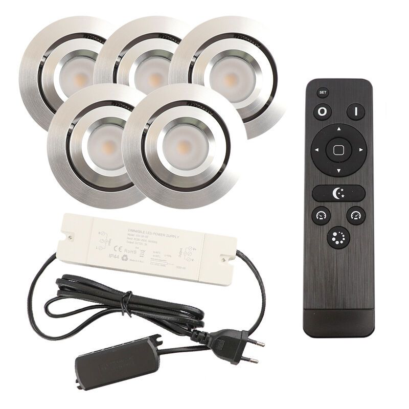 5 uchylne oprawy sufitowe wpuszczane na werandy Rona, IP44, z zestawem przyłączeniowym i pilotem, chrom