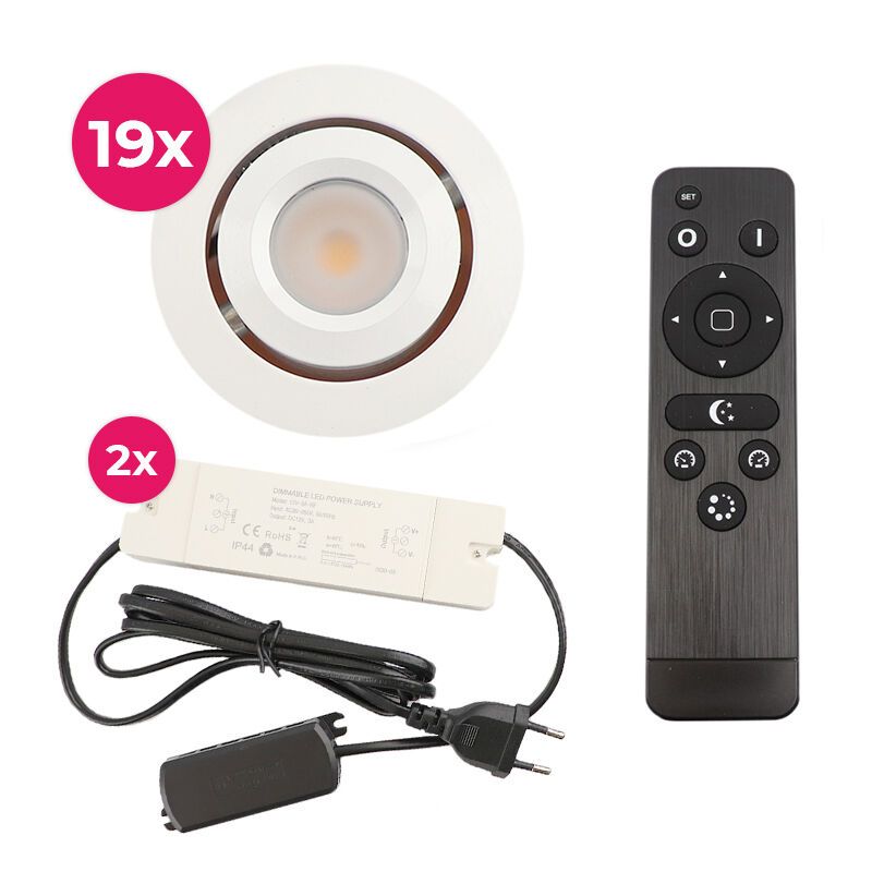 19 uchylne oprawy sufitowe wpuszczane na werandy Rona, IP44, z zestawem przyłączeniowym i pilotem, biały