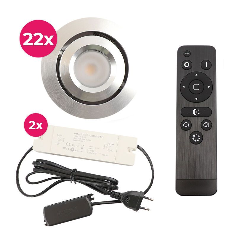 22 uchylne oprawy sufitowe wpuszczane na werandy Rona, IP44, z zestawem przyłączeniowym i pilotem, chrom