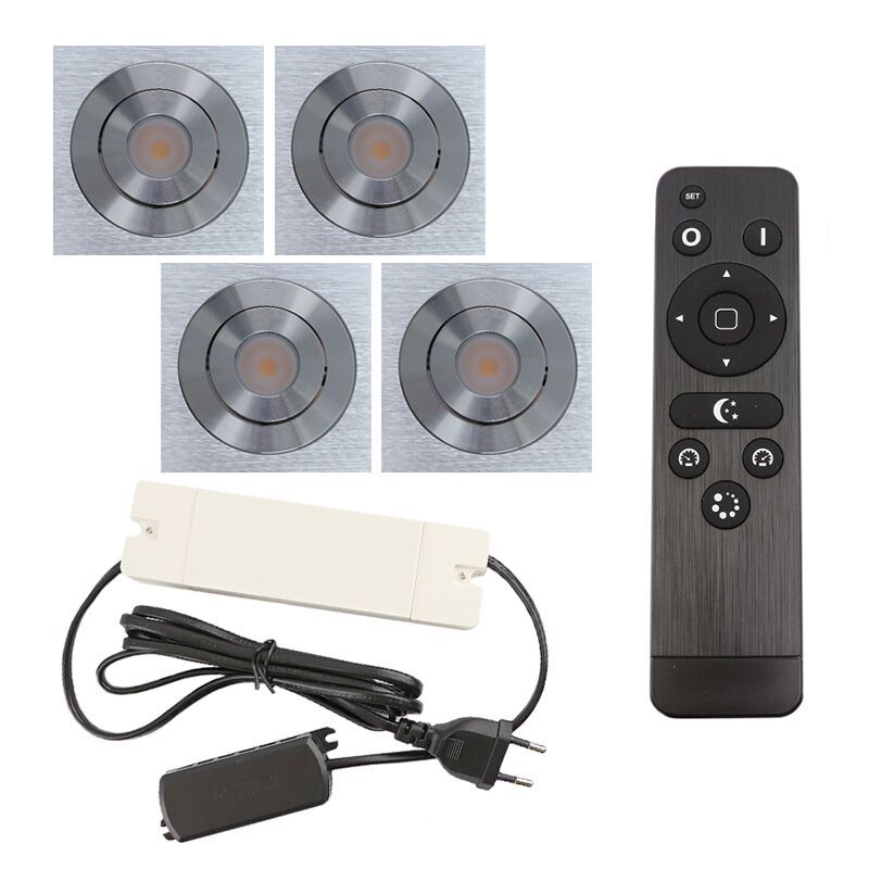 4 uchylne oprawy sufitowe wpuszczane na werandy Rona kwadrat, IP44, z zestawem przyłączeniowym i pilotem, chrom