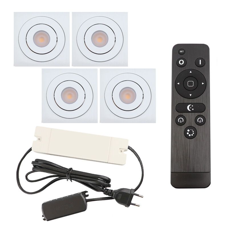 4 uchylne oprawy sufitowe wpuszczane na werandy Rona kwadrat, IP44, z zestawem przyłączeniowym i pilotem, biały