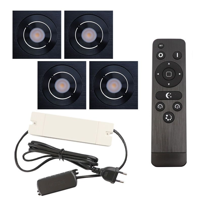 4 uchylne oprawy sufitowe wpuszczane na werandy Rona kwadrat, IP44, z zestawem przyłączeniowym i pilotem, czarny