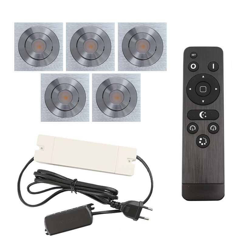 5 uchylne oprawy sufitowe wpuszczane na werandy Rona kwadrat, IP44, z zestawem przyłączeniowym i pilotem, chrom