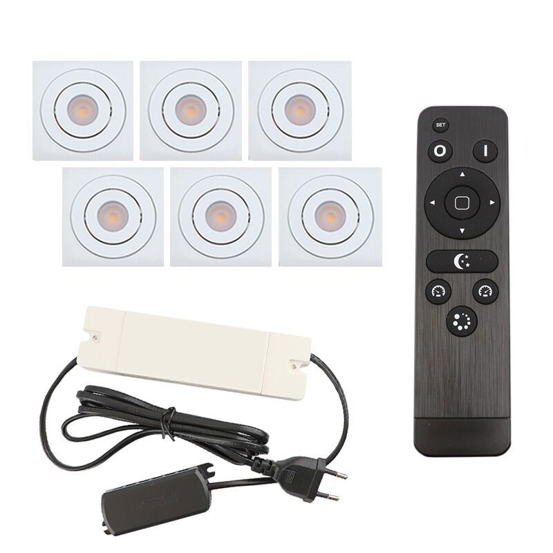 6 uchylne oprawy sufitowe wpuszczane na werandy Rona kwadrat, IP44, z zestawem przyłączeniowym i pilotem, biały