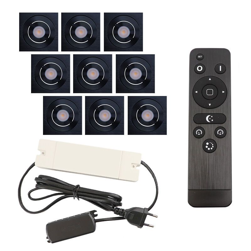 9 uchylne oprawy sufitowe wpuszczane na werandy Rona kwadrat, IP44, z zestawem przyłączeniowym i pilotem, czarny