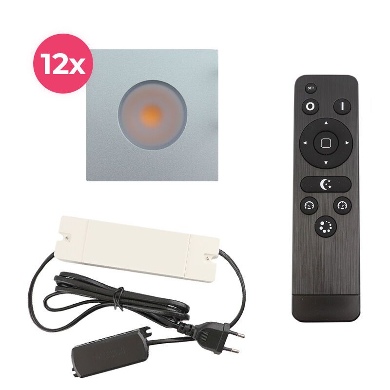 12 kwadratowe oprawy sufitowe wpuszczane chromowane na werandy Dico, IP65, z zestawem przyłączeniowym i pilotem