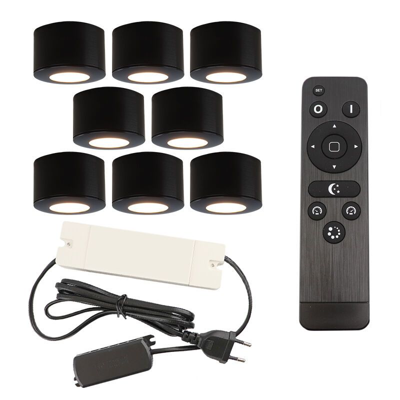 8 okrągłe oprawy natynkowe czarne na werandy Vasso, IP44, z zestawem przyłączeniowym i pilotem