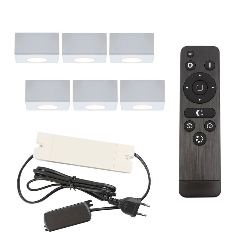 6 kwadratowe oprawy natynkowe białe na werandy Fredo, IP44, z zestawem przyłączeniowym i pilotem