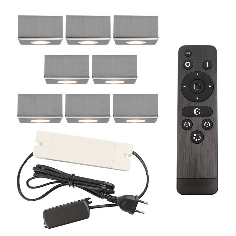 8 kwadratowe oprawy natynkowe cromowane na werandy Fredo, IP44, z zestawem przyłączeniowym i pilotem