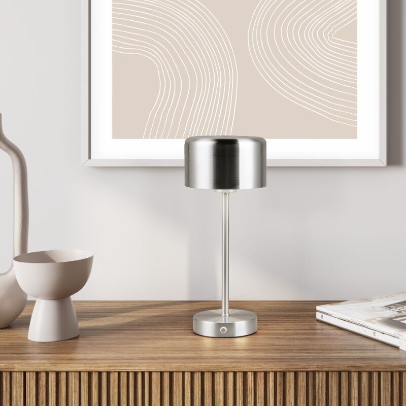 Niklowa lampa stołowa akumulatorowa nowoczesna, Dustin, 1W, 3000K LED, z dotykowy ściemniacz