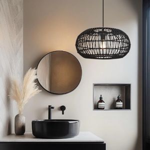 Rattanowa lampa wisząca do łazienki czarna, Emilio, IP44
