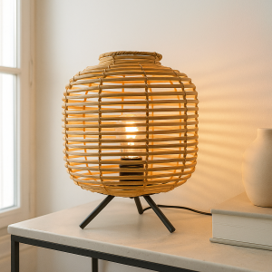 Rattanowa lampa stołowa brązowa, Pinar, z przełącznik