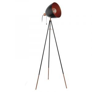 Metalowa nowoczesna lampa stojąca trójnożna miedziana, Maick, z przełącznik pociągowy