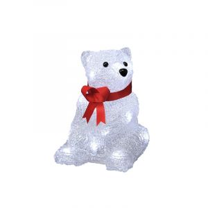 Świąteczny miś polarny LED, siedzący z czerwoną kokardą 18cm, na baterię, do wnętrz