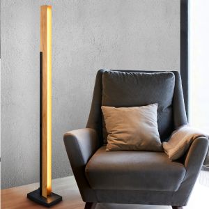 Drewniana lampa stojąca brązowa, Neville, 16W, 3000K LED, ściemniana w 3 krokach