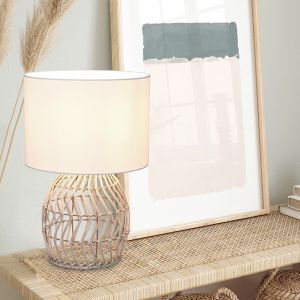Rattanowa lampa stołowa biała, Symon, z przełącznik