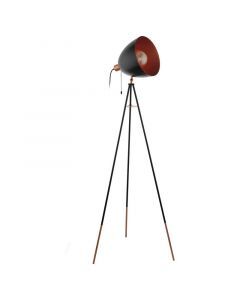Metalowa nowoczesna lampa stojąca trójnożna miedziana, Maick, z przełącznik pociągowy