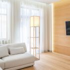 Drewniana lampa stojąca rustykalna, Tessel, z przełącznik pociągowy