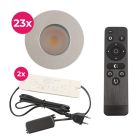 23 oprawy sufitowe wpuszczane chromowane na werandy Dico, IP65, z zestawem przyłączeniowym i pilotem