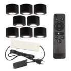 8 okrągłe oprawy natynkowe czarne na werandy Vasso, IP44, z zestawem przyłączeniowym i pilotem