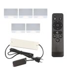 5 kwadratowe oprawy natynkowe białe na werandy Fredo, IP44, z zestawem przyłączeniowym i pilotem