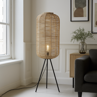 Rattanowa lampa stojąca brązowa, Pinar, z przełącznik