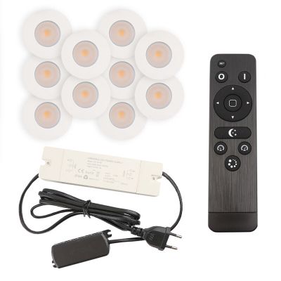 10 oprawy sufitowe wpuszczane białe na werandy Dico, IP65, z zestawem przyłączeniowym i pilotem