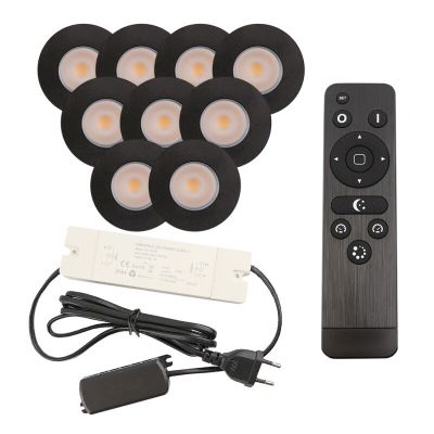 9 oprawy sufitowe wpuszczane czarne na werandy Dico, IP65, z zestawem przyłączeniowym i pilotem