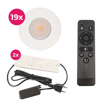 19 oprawy sufitowe wpuszczane białe na werandy Dico, IP65, z zestawem przyłączeniowym i pilotem