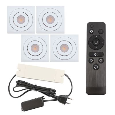 4 uchylne oprawy sufitowe wpuszczane na werandy Rona kwadrat, IP44, z zestawem przyłączeniowym i pilotem, biały