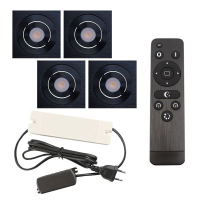 4 uchylne oprawy sufitowe wpuszczane na werandy Rona kwadrat, IP44, z zestawem przyłączeniowym i pilotem, czarny