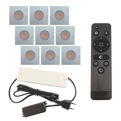 9 kwadratowe oprawy sufitowe wpuszczane chromowane na werandy Dico, IP65, z zestawem przyłączeniowym i pilotem