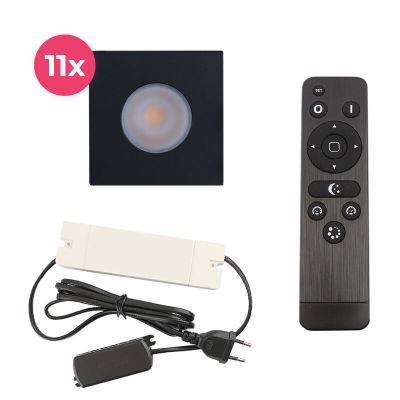 11 kwadratowe oprawy sufitowe wpuszczane czarne na werandy Dico, IP65, z zestawem przyłączeniowym i pilotem