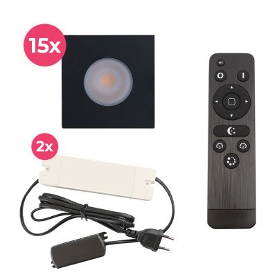 15 kwadratowe oprawy sufitowe wpuszczane czarne na werandy Dico, IP65, z zestawem przyłączeniowym i pilotem