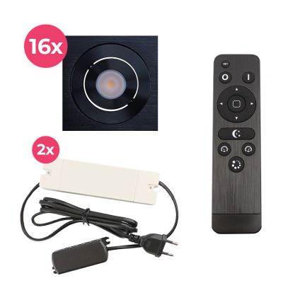 16 uchylne oprawy sufitowe wpuszczane na werandy Rona kwadrat, IP44, z zestawem przyłączeniowym i pilotem, czarny