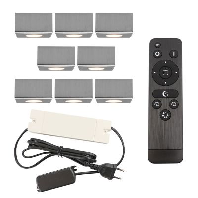 8 kwadratowe oprawy natynkowe cromowane na werandy Fredo, IP44, z zestawem przyłączeniowym i pilotem