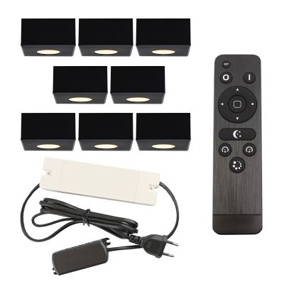 8 kwadratowe oprawy natynkowe czarne na werandy Fredo, IP44, z zestawem przyłączeniowym i pilotem