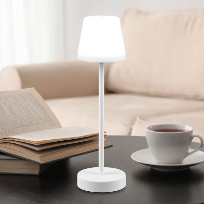 Biała lampa stołowa akumulatorowa plastikowa, Suman, 2W, regulowana ciepła do zimnej bieli LED, IP44, z dotykowy ściemniacz