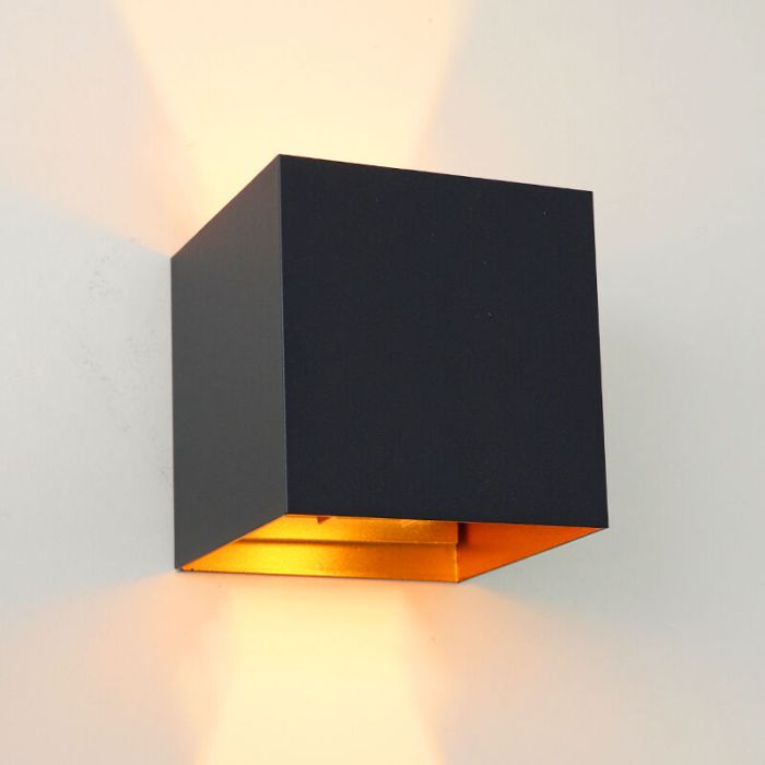 Czarny kinkiet up down ze złotym wnętrzem, Dion, 6W, 2700K LED, IP65
