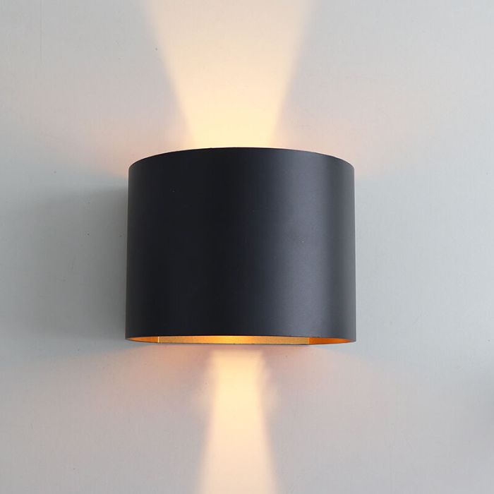 Czarny kinkiet up down ze złotym wnętrzem, Dion, 6W, 2700K LED, IP65